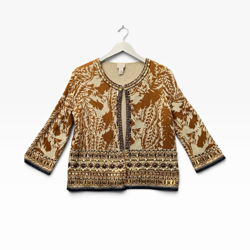 Chico's Women’s Size 0 Brown Beige Floral 3/4 Sleeve Knit Cardigan Beaded